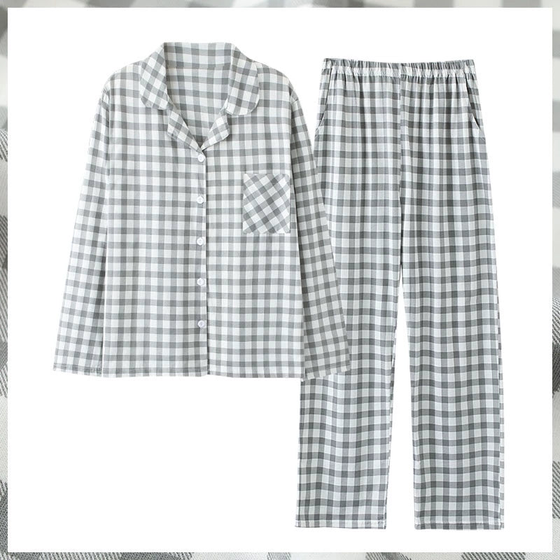 Cotton Couple Pajamas for Men and Women Spring and Autumn Pure Cotton Thin Plaid Long Sleeves Plus Size Outerwear