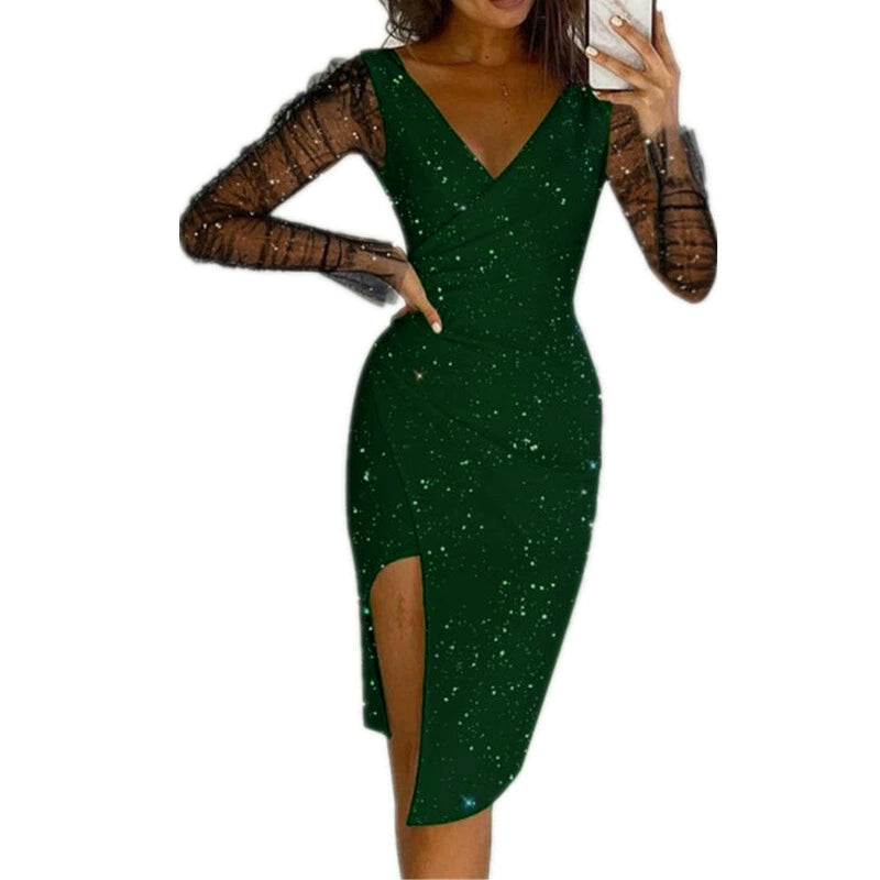 Women's Fashion Rhinestone V Neck Sheath Sexy Mesh Dress
