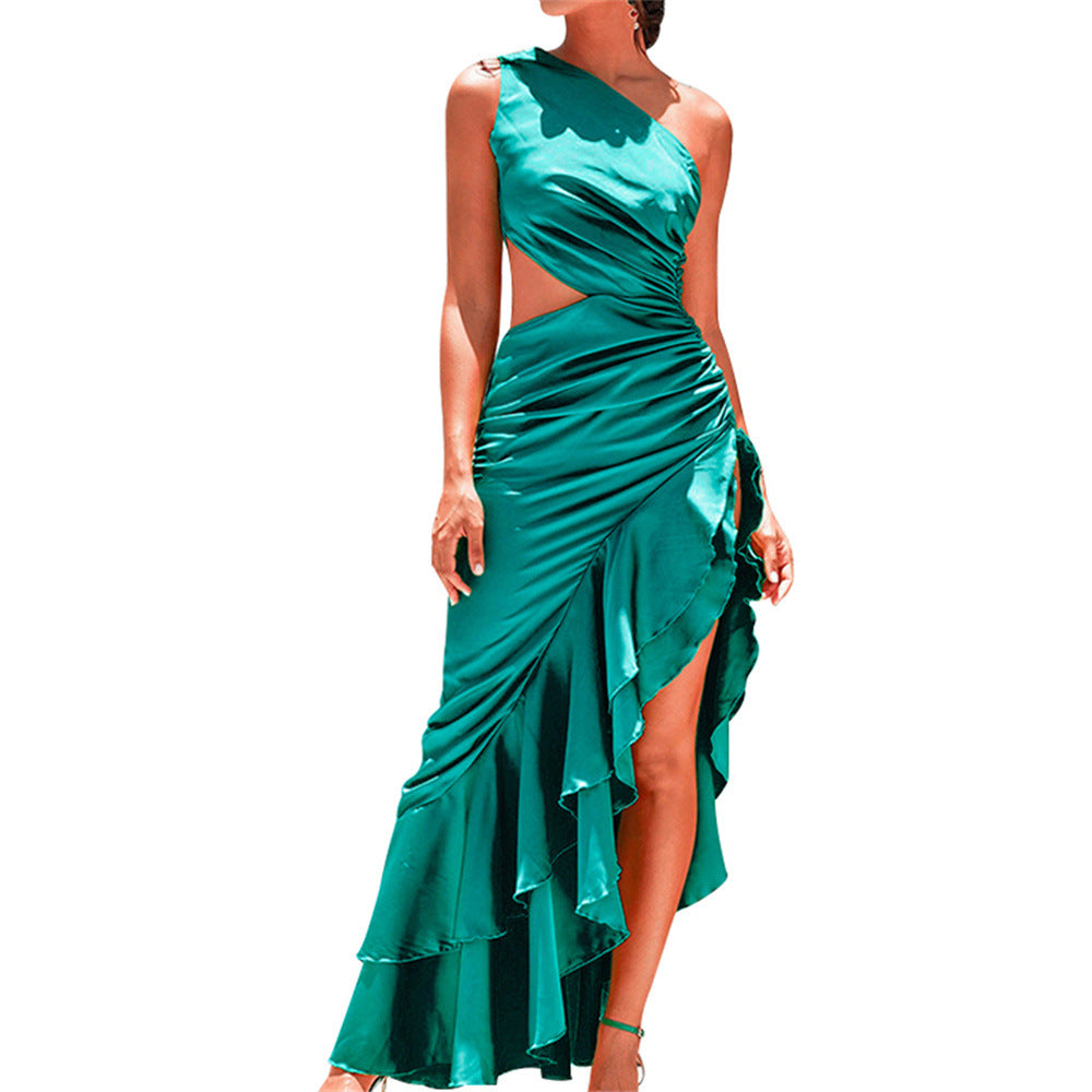 Women's Elegant Slant Shoulder Lotus Leaf Dress One Shoulder