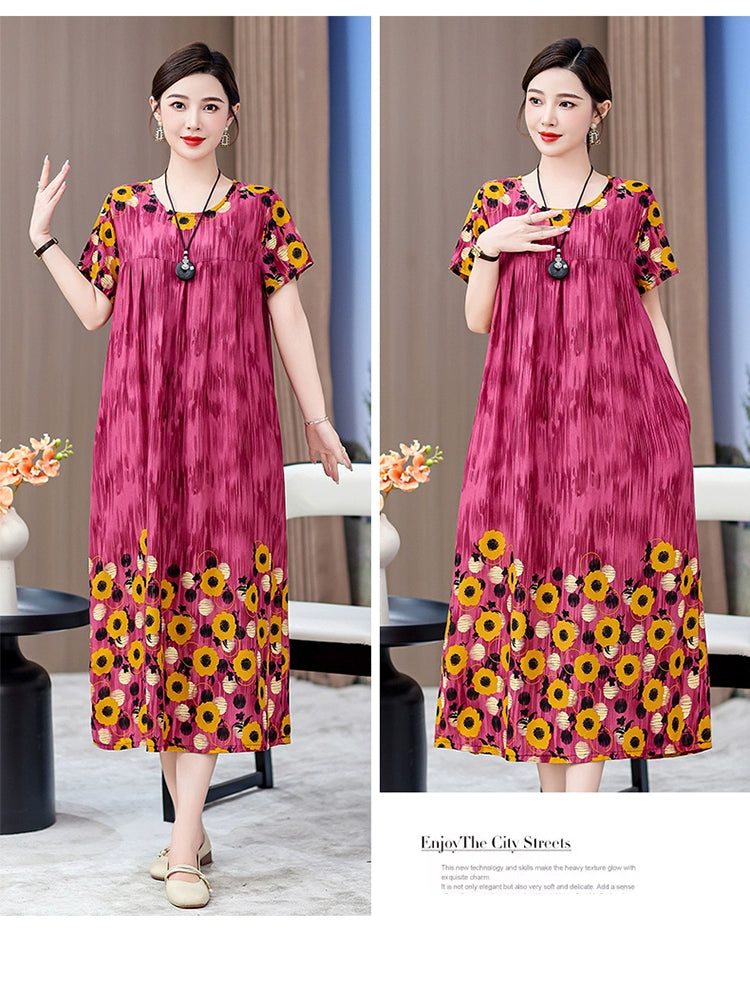 Noble over-the-Knee Middle-Aged Ladieswear Large Swing Noil Poplin Dress