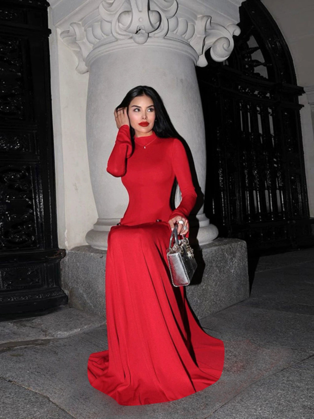 Sexy Half Turtleneck Long-Sleeved Red Dress Tall Elegant Large Long Skirt