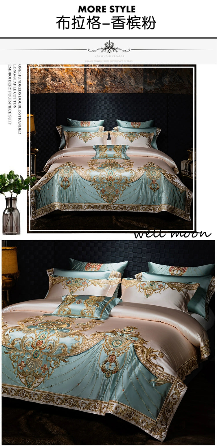 European Luxury Embroidery Palace Pure Cotton Satin Silk Bedding Set 6-10 PCs Set