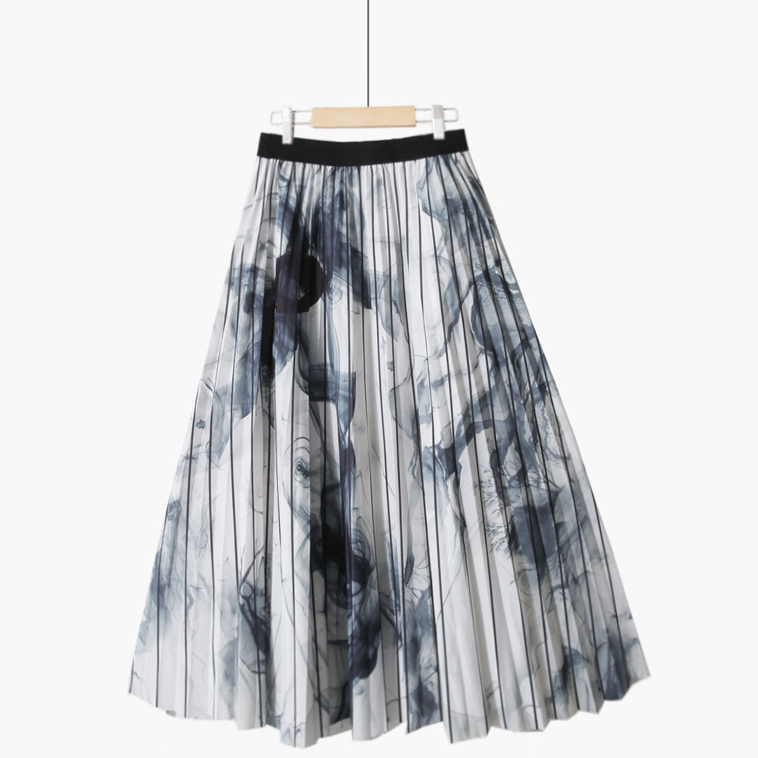 Summer Retro Blue and White Porcelain Printed Mid Length Pleated Skirt