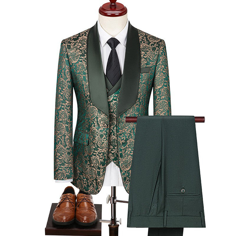 Classy Men's Three-Piece Suit Set Pattern K-style Host Performance Dress Wedding Groom Clothing