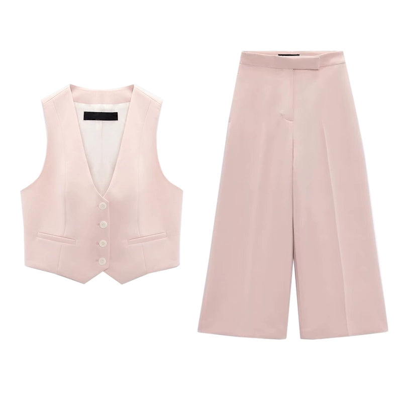 Spring High Waist Loose Pants Pants and Sleeveless V Neck Short Vest