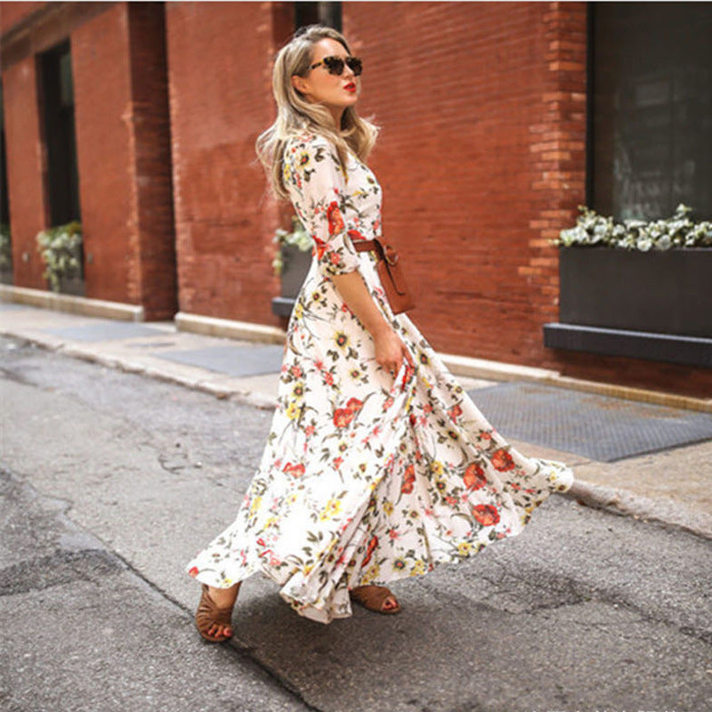 Elegant Spring Flower Long-Sleeved Maxi Dress
