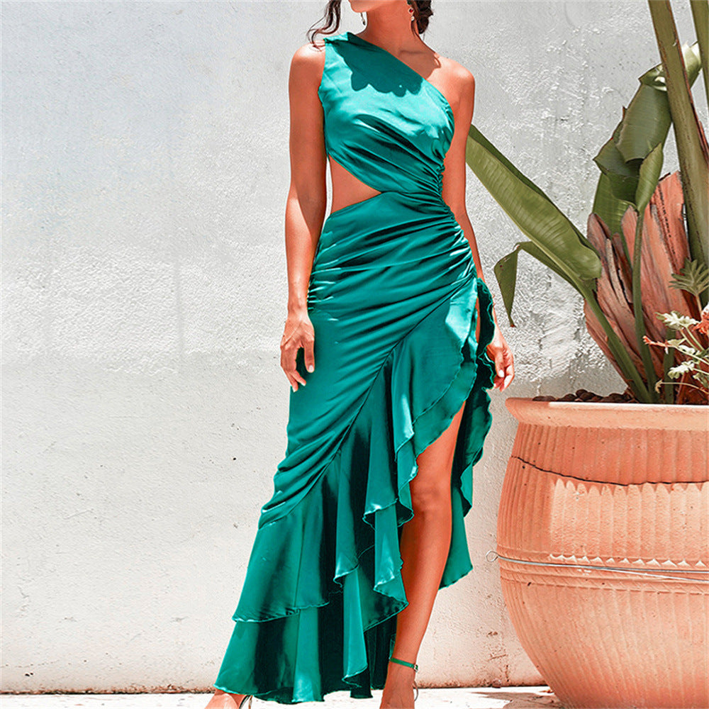 Women's Elegant Slant Shoulder Lotus Leaf Dress One Shoulder