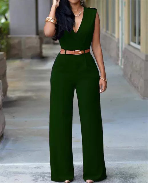 V-neck Wide-leg Pants Irregular Suit With Belt Playsuit