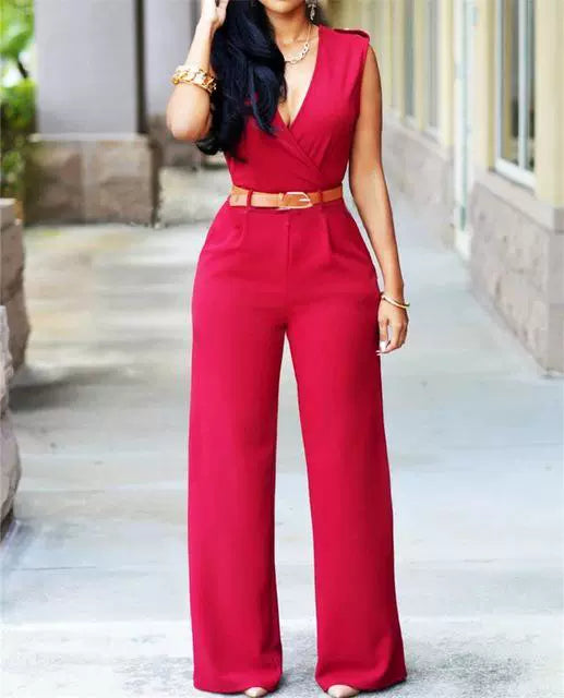 V-neck Wide-leg Pants Irregular Suit With Belt Playsuit