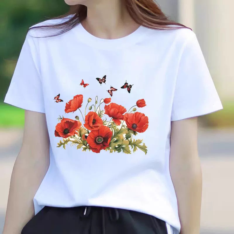 Butterfly Flower Summer Short Sleeve T-shirts Casual Thin Print