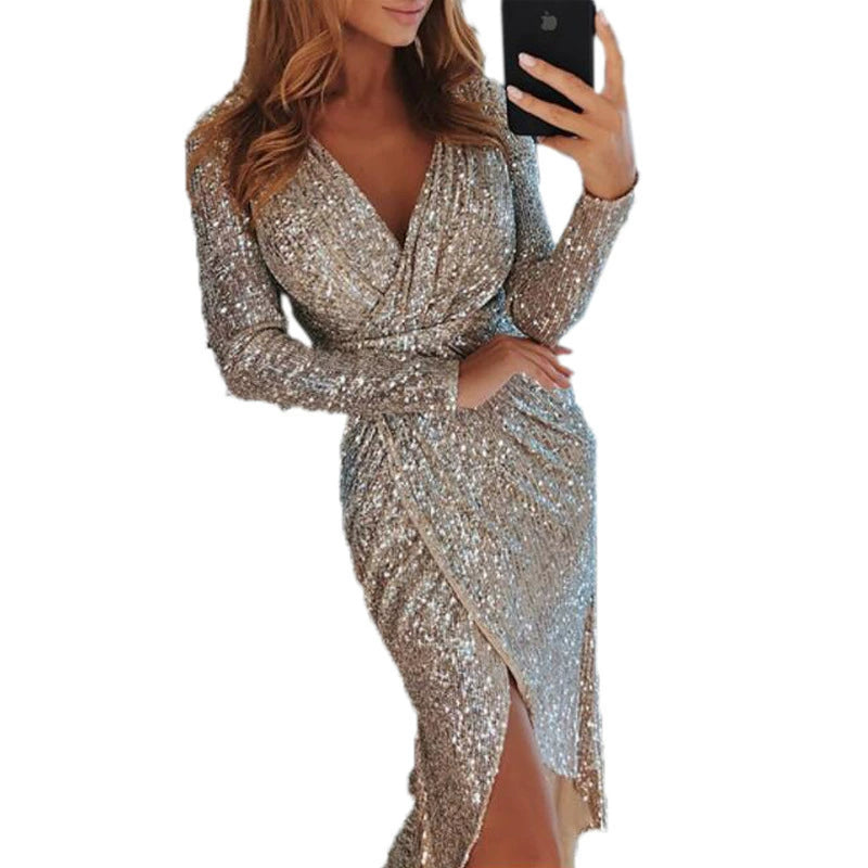 Women's Gilding Dinner Sexy Long Sleeves V Neck Shiny Dress