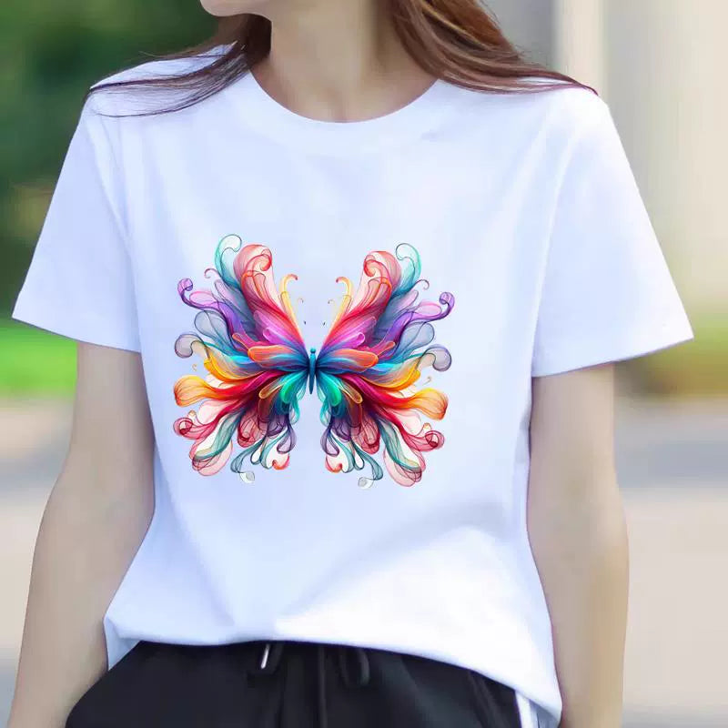Butterfly Flower Summer Short Sleeve T-shirts Casual Thin Print