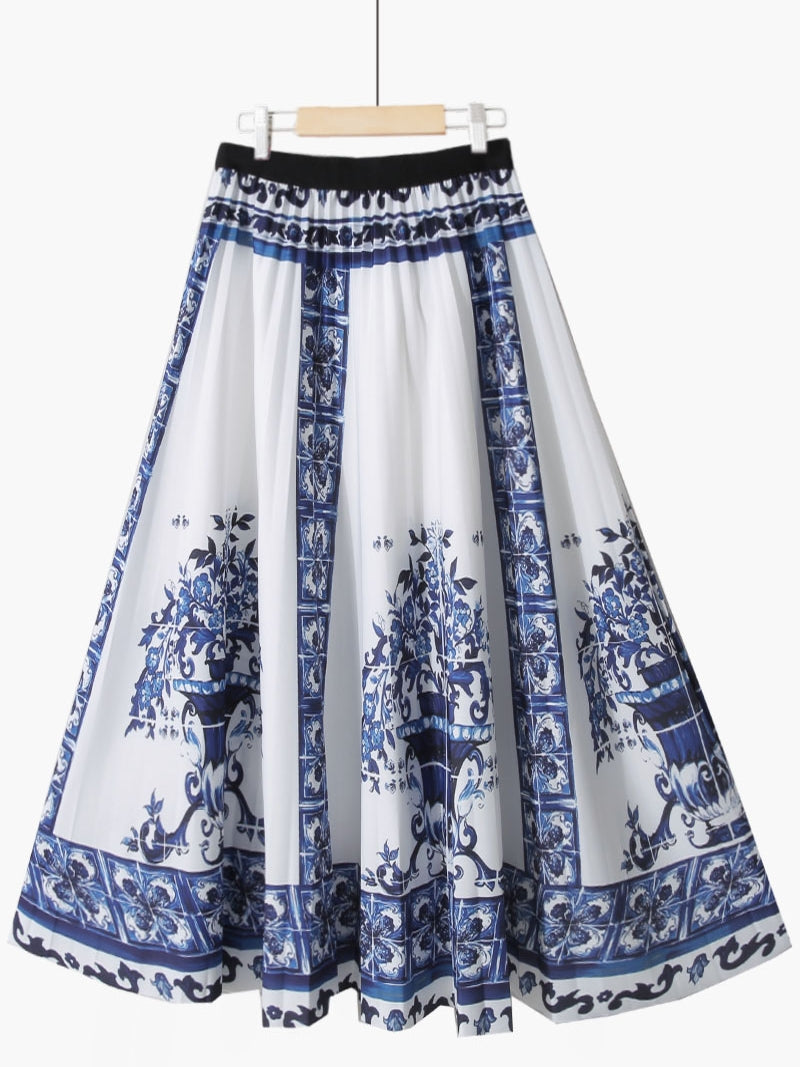 Summer Retro Blue and White Porcelain Printed Mid Length Pleated Skirt