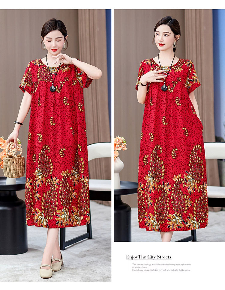 Noble over-the-Knee Middle-Aged Ladieswear Large Swing Noil Poplin Dress