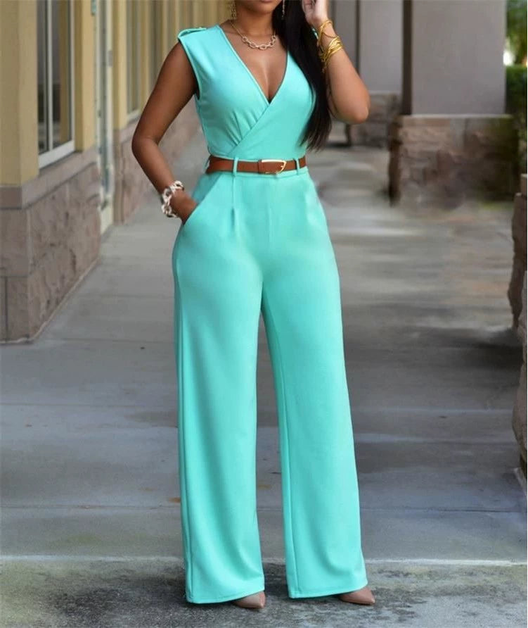 V-neck Wide-leg Pants Irregular Suit With Belt Playsuit