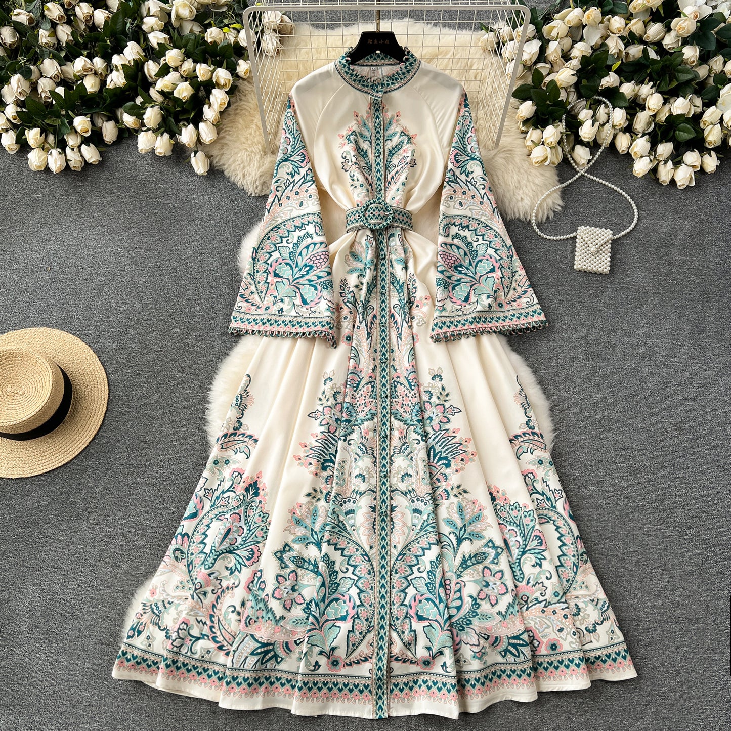 Vintage Print Robe Paisley Maxi Dress Lantern Sleeve