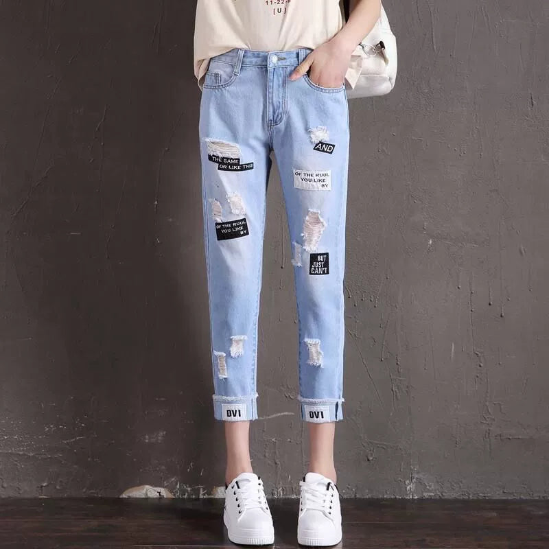 Ripped Wide-Leg Diamond Jeans Female Summer High Waist Loose Slim