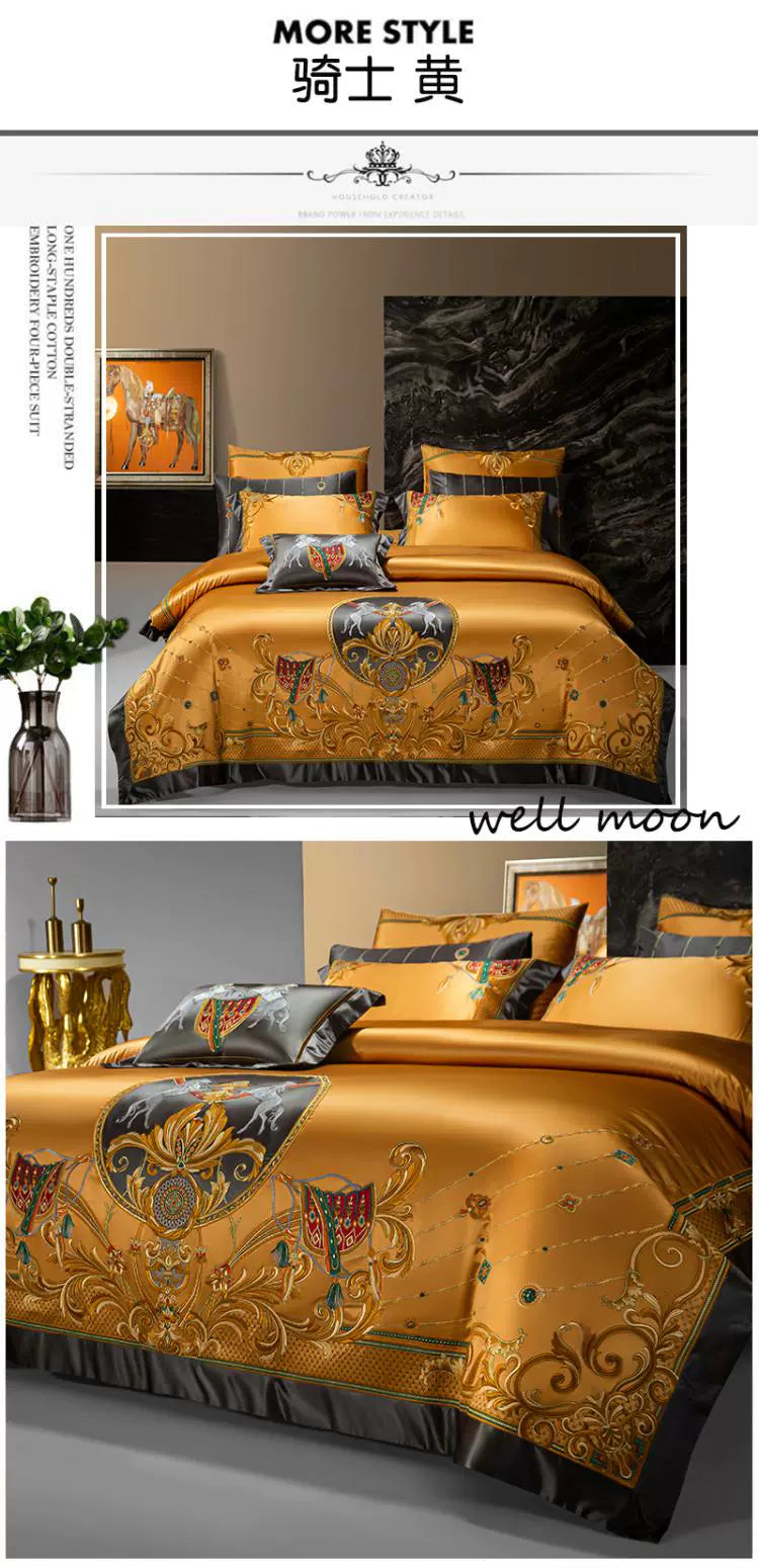 European Luxury Embroidery Palace Pure Cotton Satin Silk Bedding Set 6-10 PCs Set