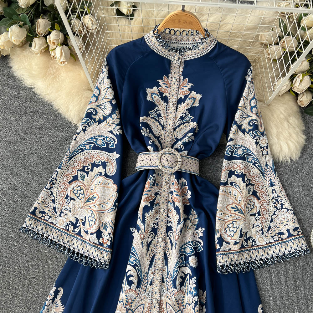 Vintage Print Robe Paisley Maxi Dress Lantern Sleeve