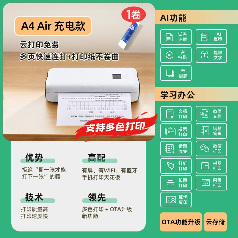 Compact Portable Miniature Printer for Homework Wireless Ideal for Student Dormitory