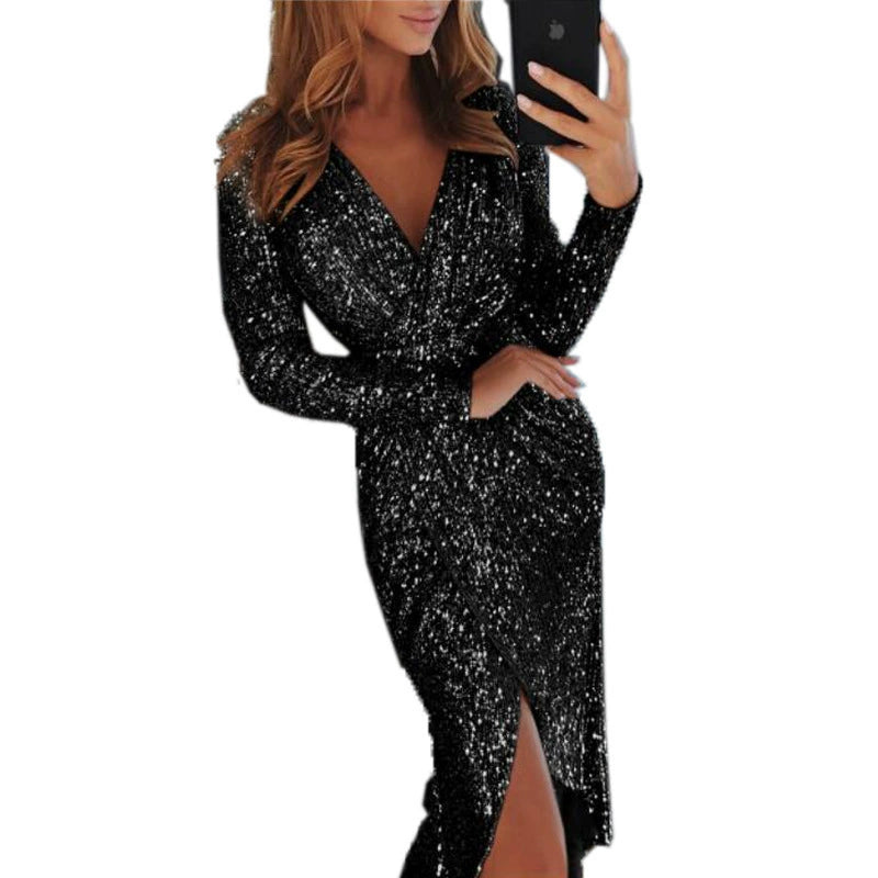 Women's Gilding Dinner Sexy Long Sleeves V Neck Shiny Dress