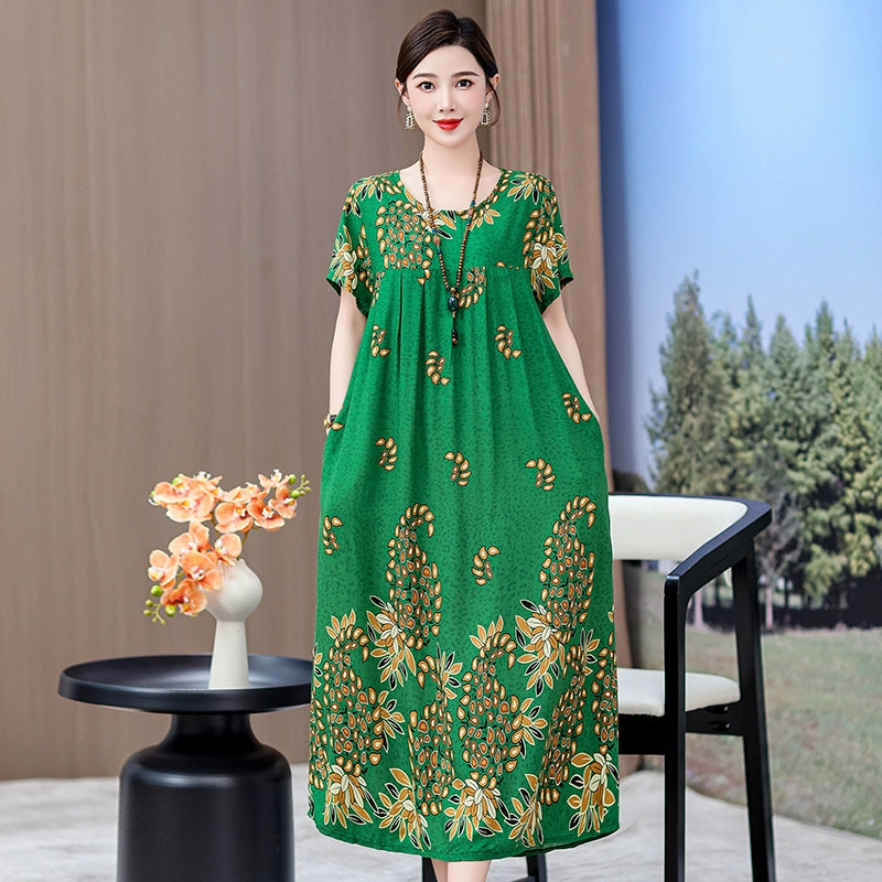 Noble over-the-Knee Middle-Aged Ladieswear Large Swing Noil Poplin Dress