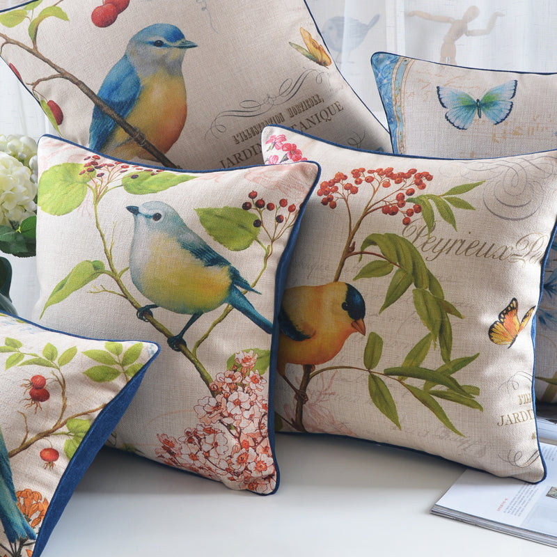 Sofa Pillow Cotton and Linen Thick Flower and Bird Back Seat Cushion Pillow Office