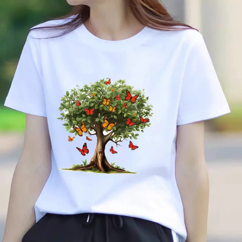 Butterfly Flower Summer Short Sleeve T-shirts Casual Thin Print