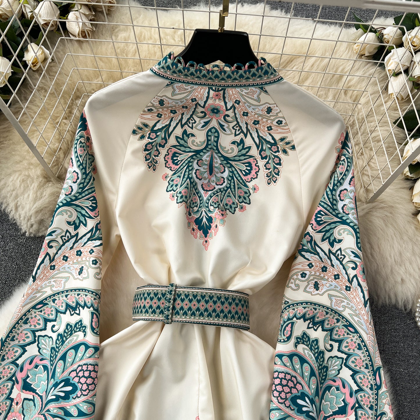 Vintage Print Robe Paisley Maxi Dress Lantern Sleeve