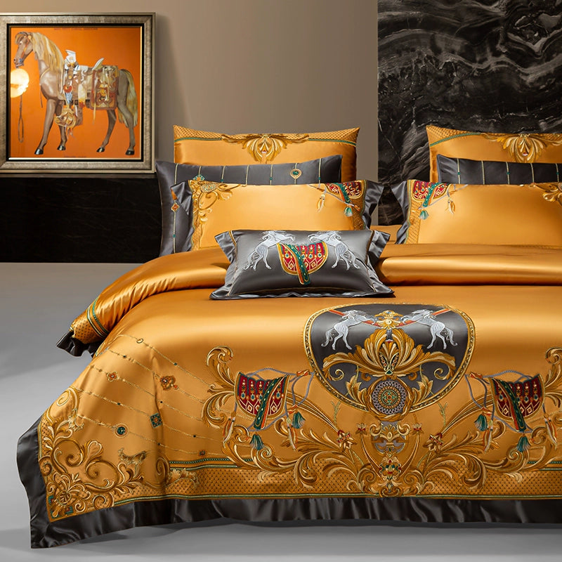 European Luxury Embroidery Palace Pure Cotton Satin Silk Bedding Set 6-10 PCs Set