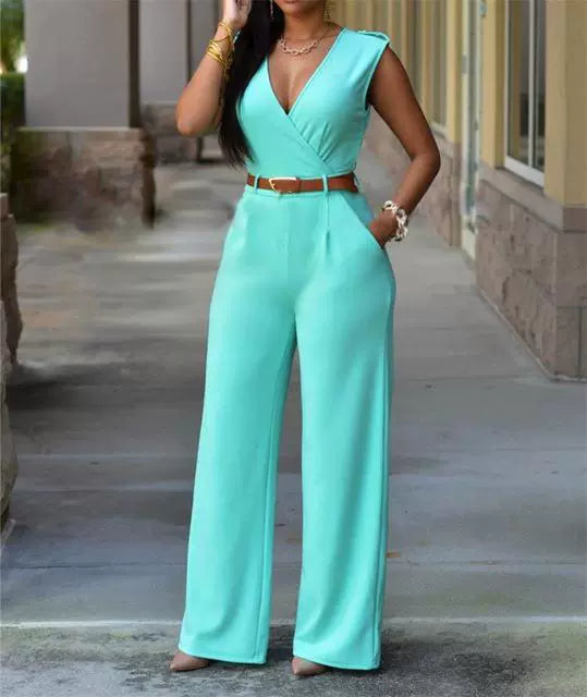 V-neck Wide-leg Pants Irregular Suit With Belt Playsuit