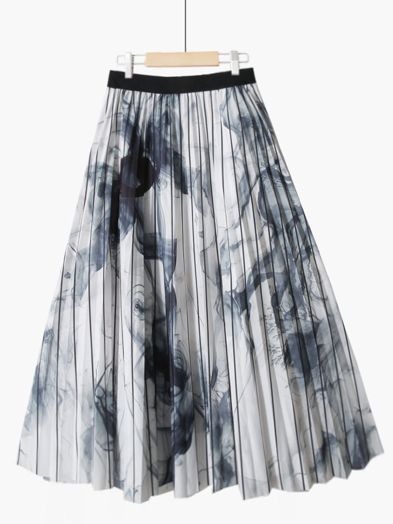 Summer Retro Blue and White Porcelain Printed Mid Length Pleated Skirt