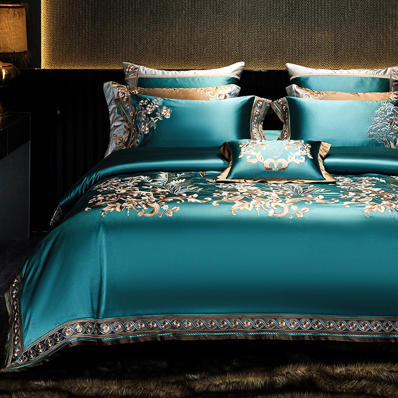 European Luxury Embroidery Palace Pure Cotton Satin Silk Bedding Set 6-10 PCs Set
