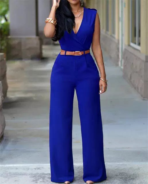 V-neck Wide-leg Pants Irregular Suit With Belt Playsuit