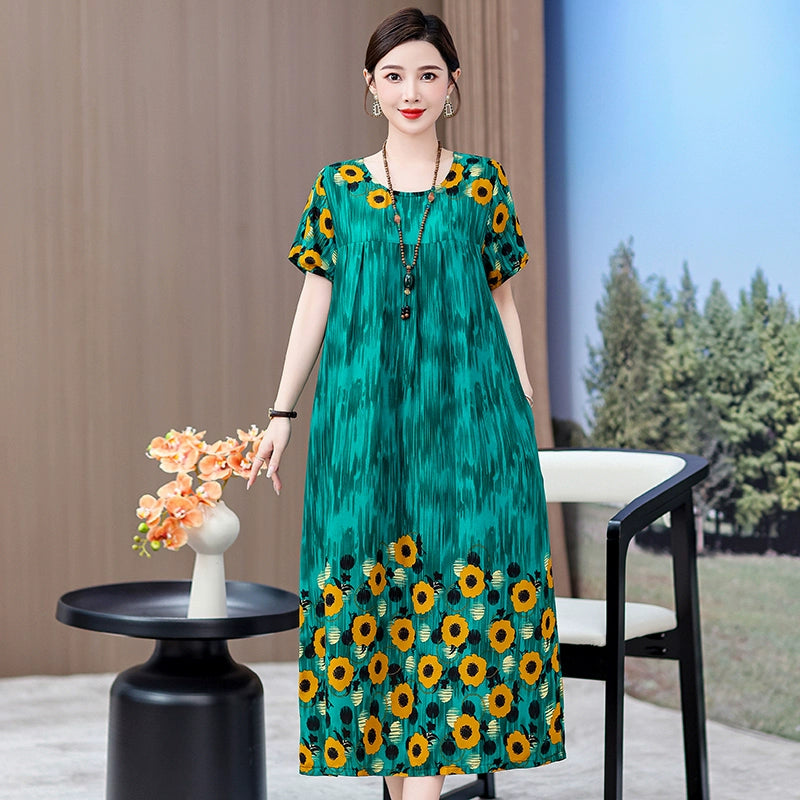 Noble over-the-Knee Middle-Aged Ladieswear Large Swing Noil Poplin Dress