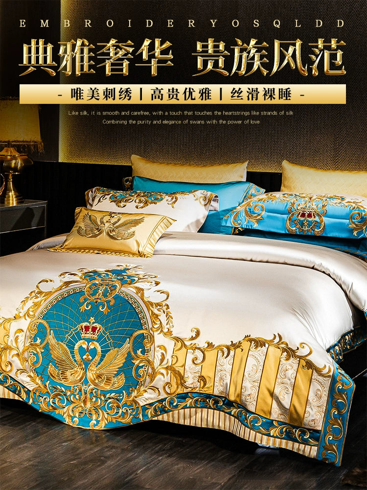 European Luxury Pure Cotton Satin Embroidery Bedding 4-10 Piece Set
