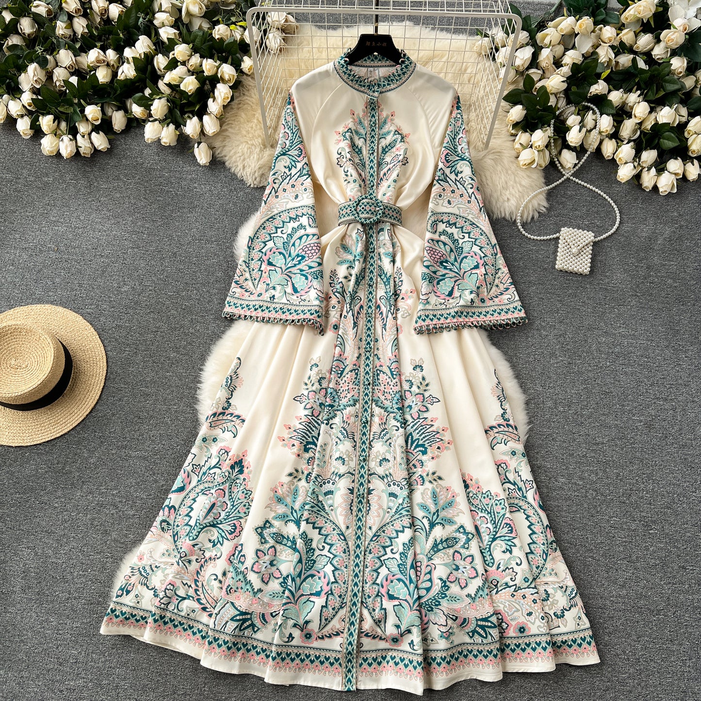Vintage Print Robe Paisley Maxi Dress Lantern Sleeve