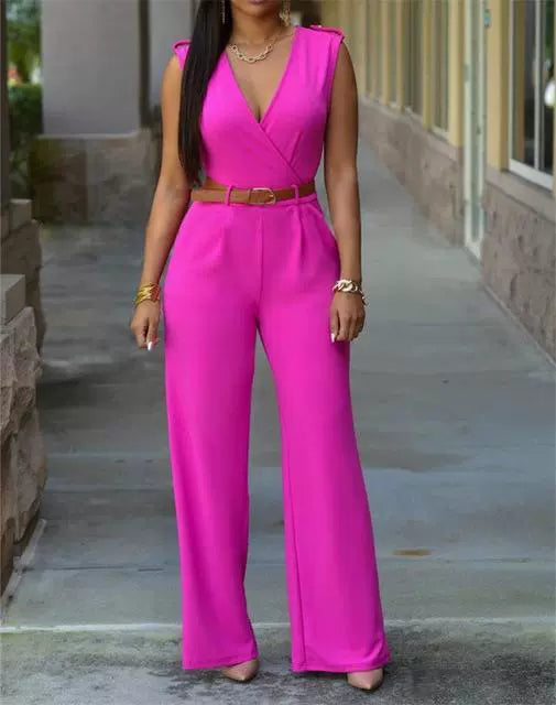 V-neck Wide-leg Pants Irregular Suit With Belt Playsuit