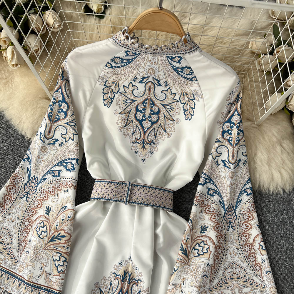 Vintage Print Robe Paisley Maxi Dress Lantern Sleeve
