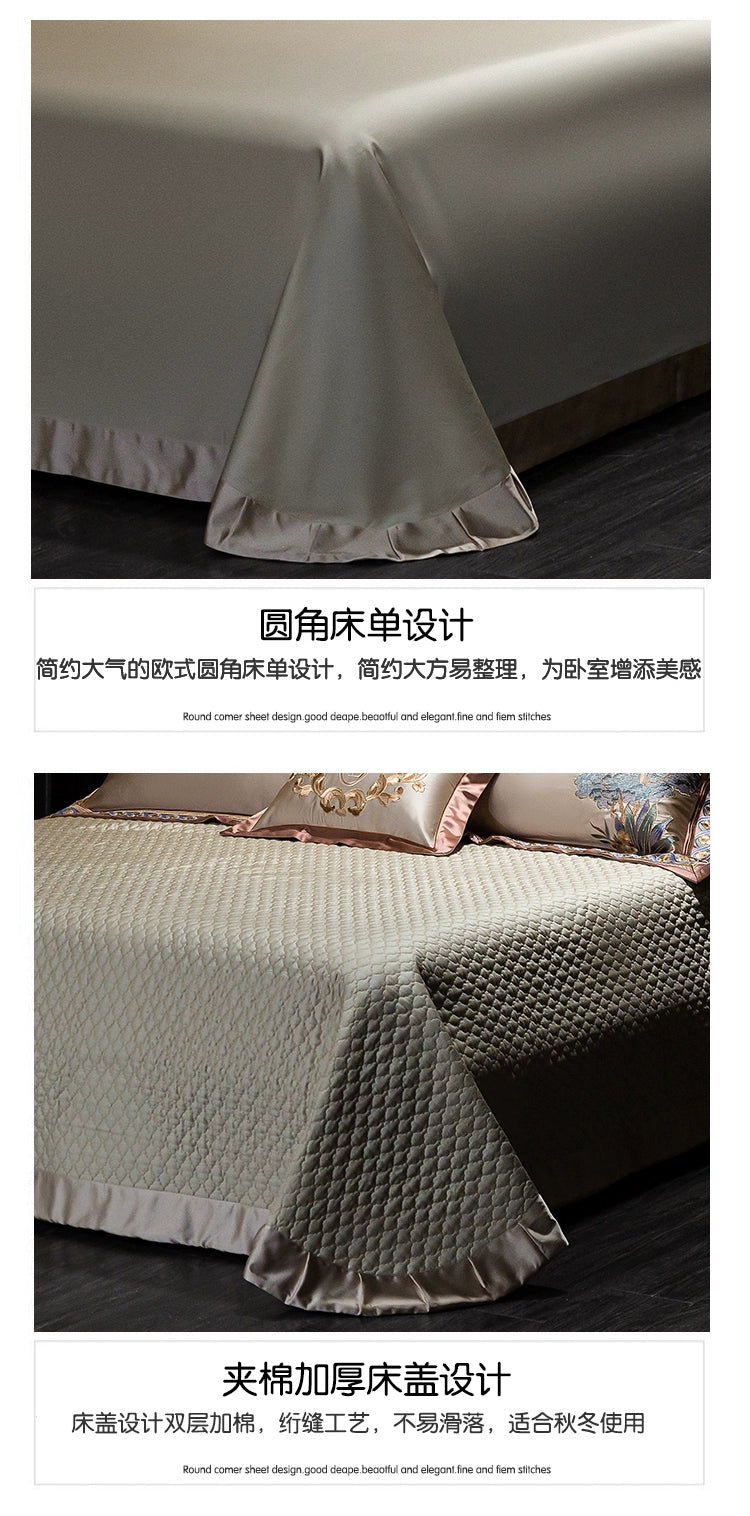 European Luxury Embroidery Palace Pure Cotton Satin Silk Bedding Set 6-10 PCs Set