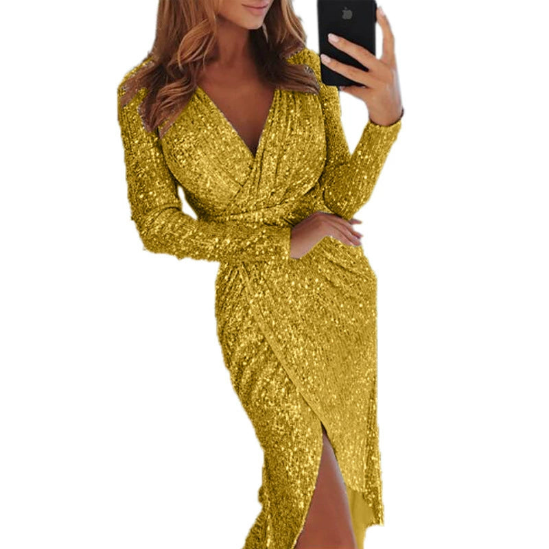 Women's Gilding Dinner Sexy Long Sleeves V Neck Shiny Dress