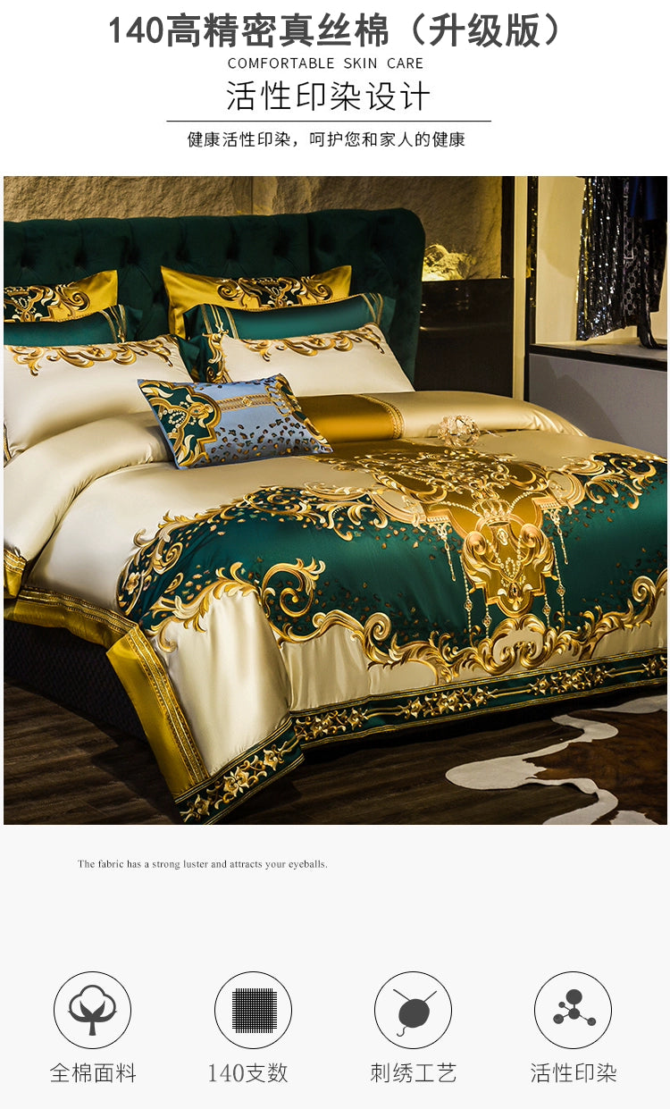 European Luxury Embroidery Palace Pure Cotton Satin Silk Bedding Set 6-10 PCs Set