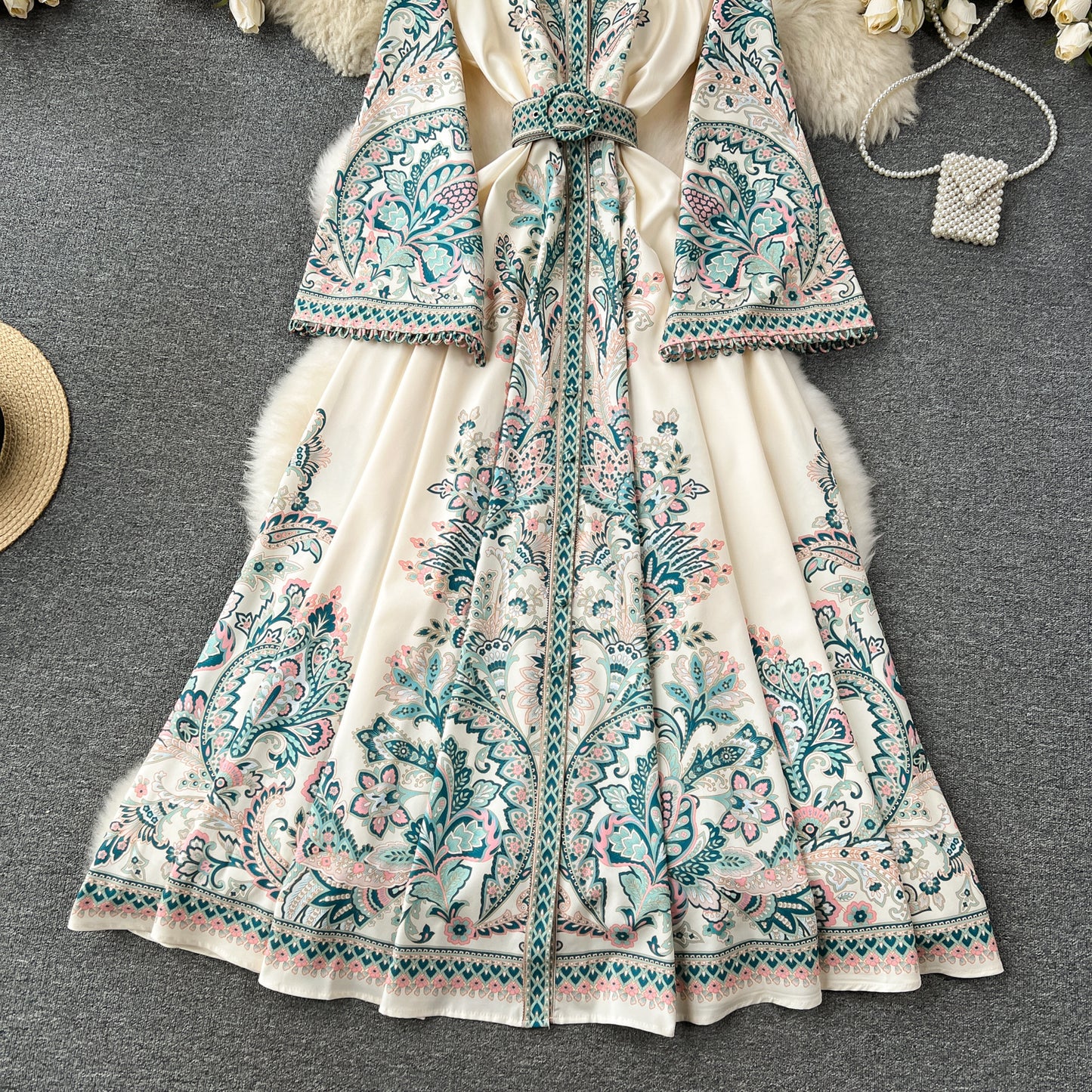 Vintage Print Robe Paisley Maxi Dress Lantern Sleeve