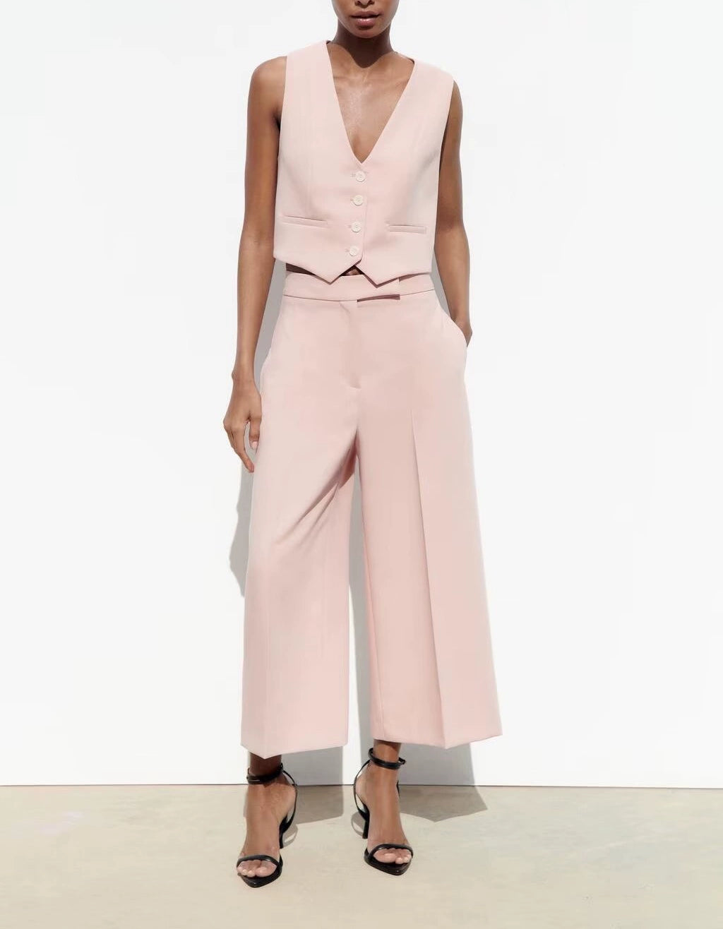 Spring High Waist Loose Pants Pants and Sleeveless V Neck Short Vest