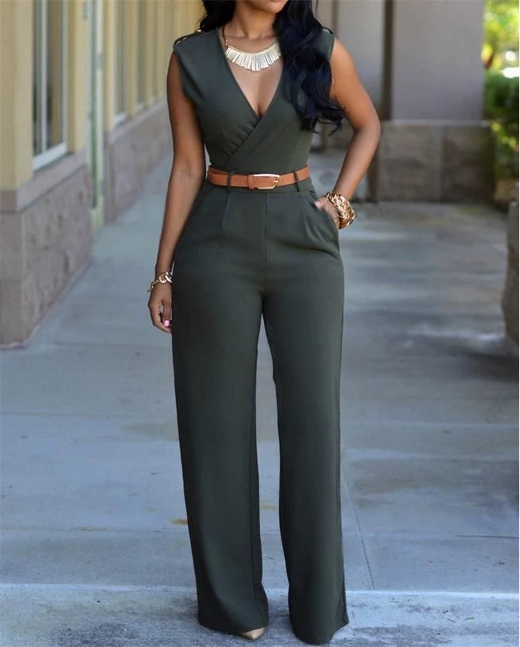 V-neck Wide-leg Pants Irregular Suit With Belt Playsuit