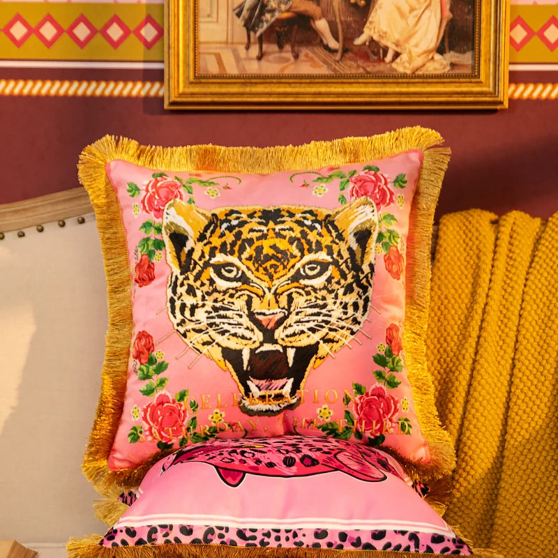 Luxury Pink Tiger Pillowcase Double-sided Velvet Tassel Living Room Sofa Decoration Square Cushion Cover