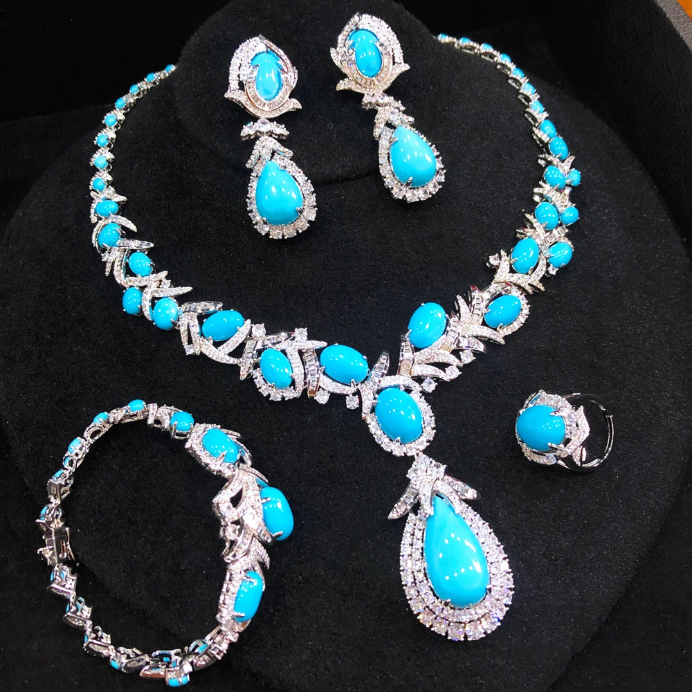 Turquoise Dubai Jewelry Sets For Women CZ Zircon Necklace