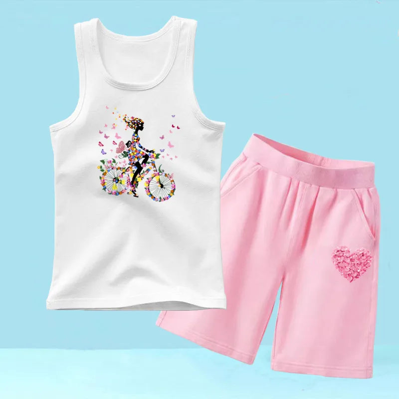 Summer Girls 2PCS Vest Set Perfume Bottle Print Sleeveless Top and Shorts