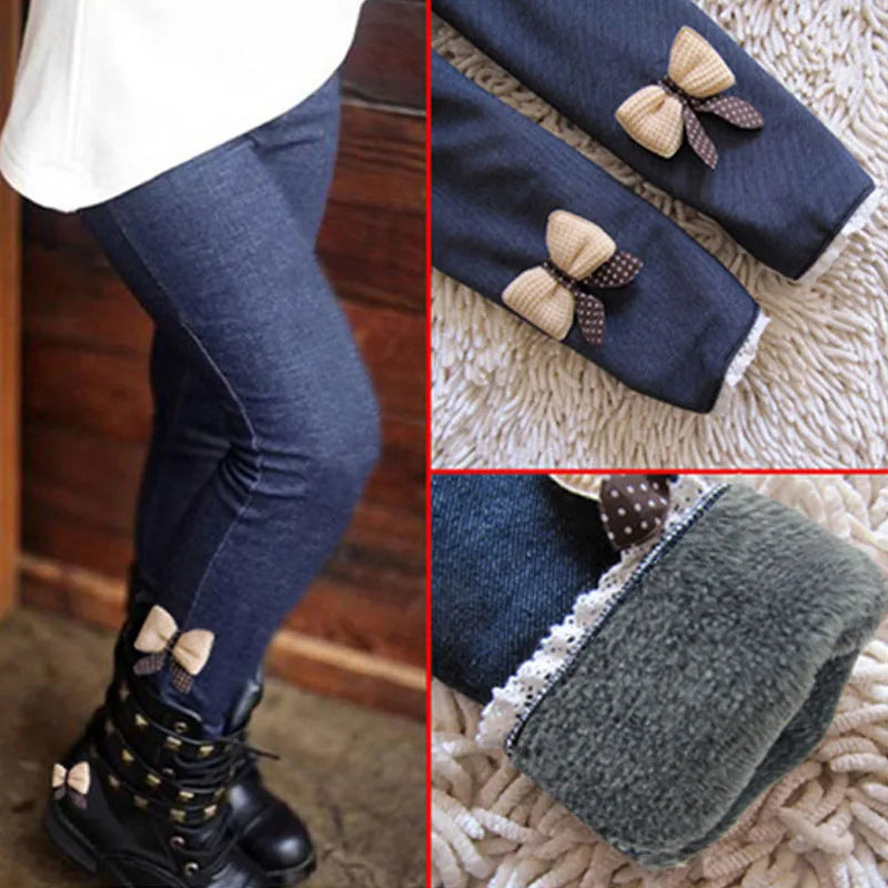Girls Jean Pants Warm Leggings Thick Velvet Bowknot Kids