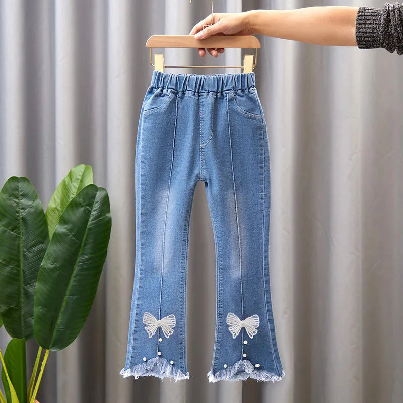 Girls Star Embroidered Jeans Pants with Pearl Slim-Fit